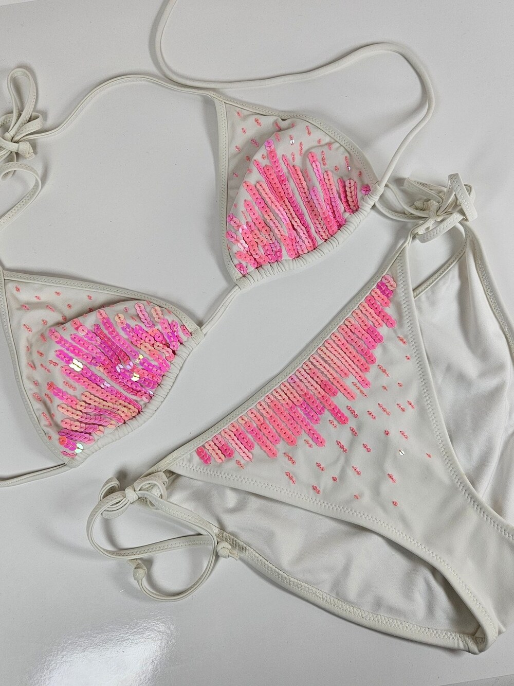 Victoria's Secret Bikini Set White Pink Sequin Triangle Halter Top String